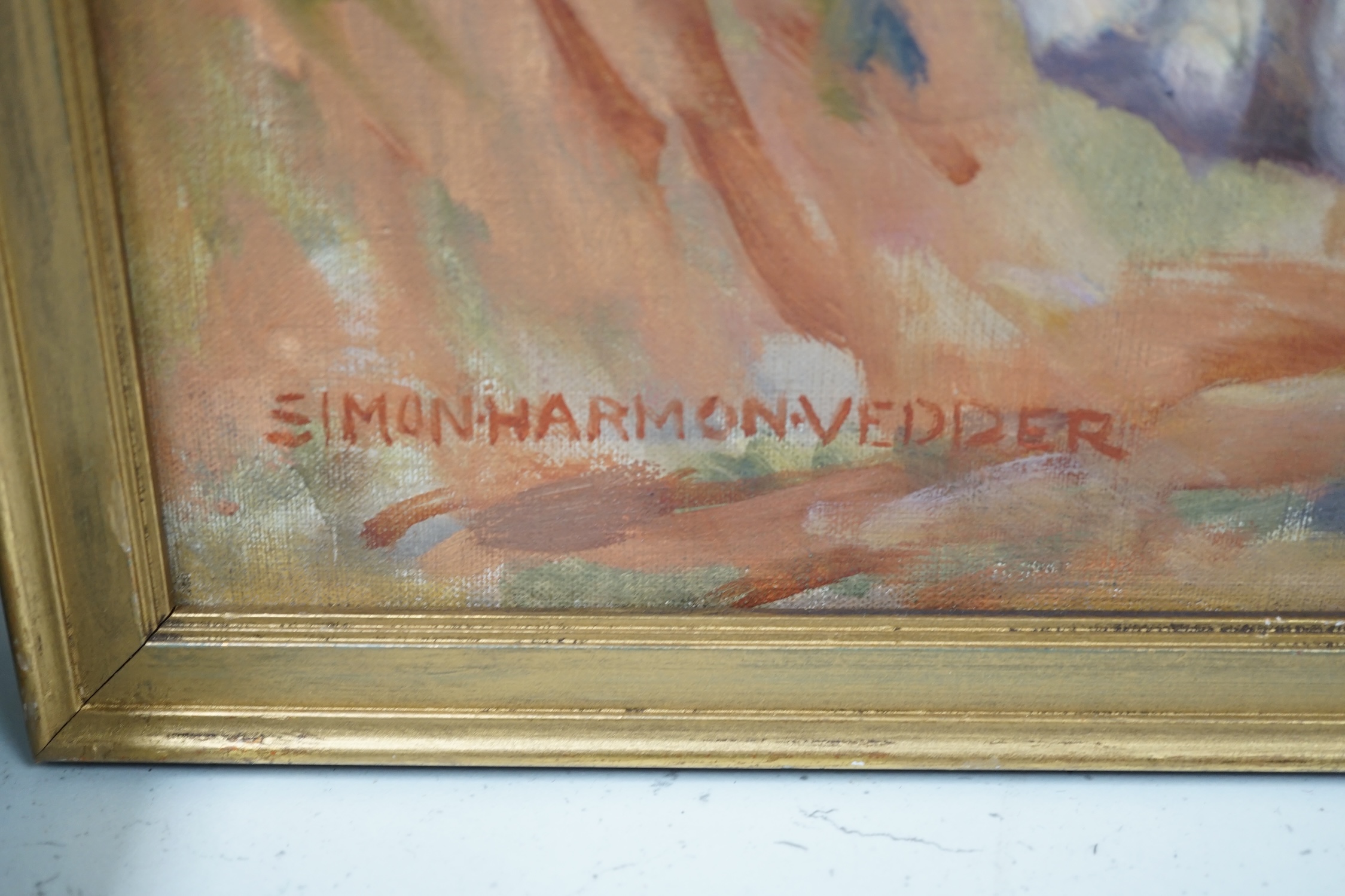 Simon Harmon Vedder (American, 1866-1937), oil on canvas, 'Ride your ways, Laird of Ellangowen', signed, 52 x 36cm. Condition - good